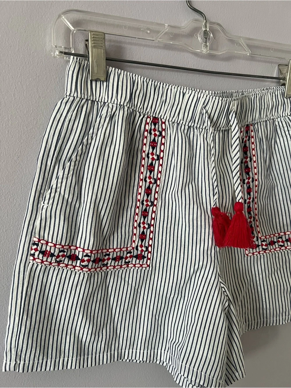 Vineyard Vines Navy & White Striped Kids Shorts with Red Tassel Accent